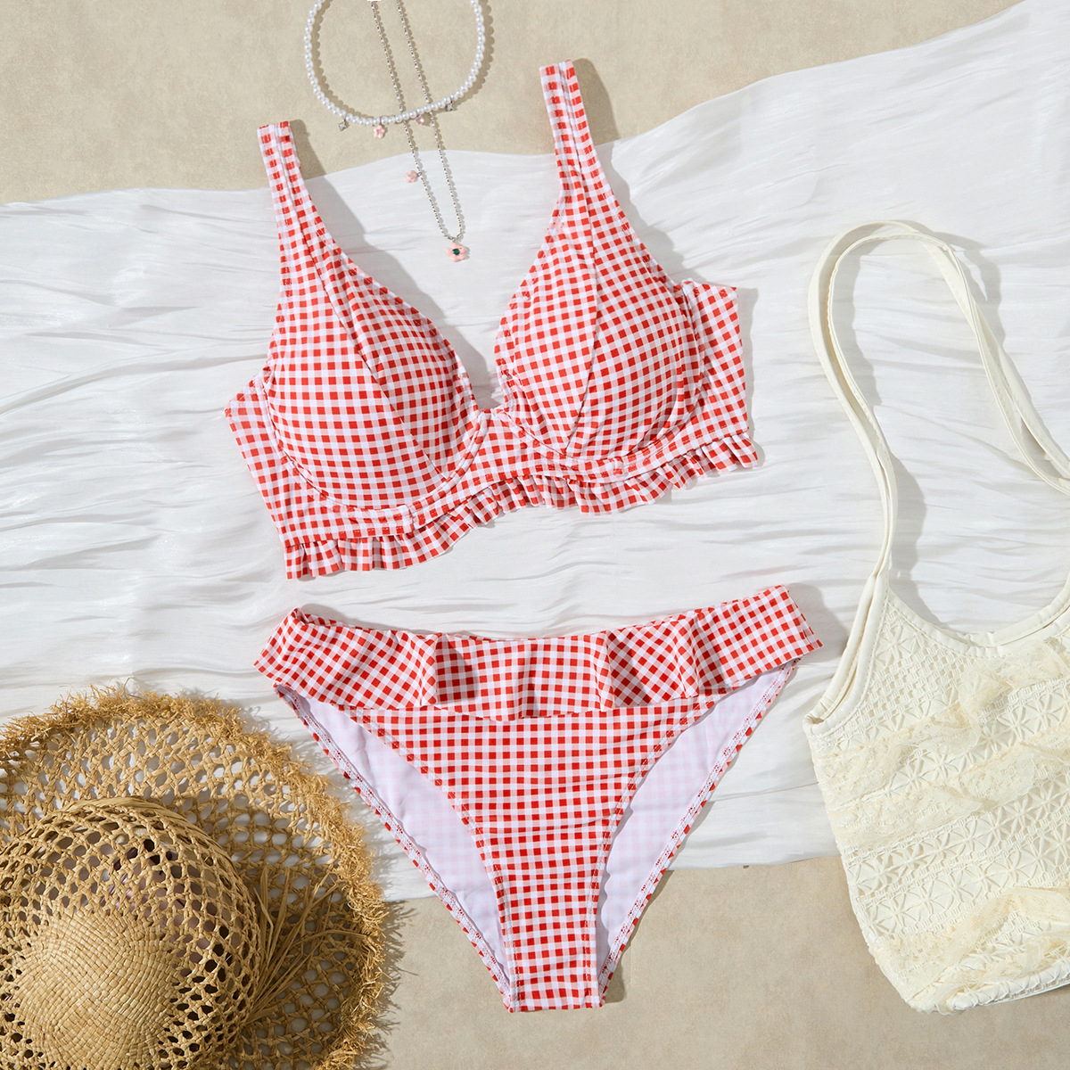 New European and American Swimsuit Female Sexy Plaid Split Bikini Double Shoulder Ruffle Push-Up Foreign Trade Beach Swimsuit