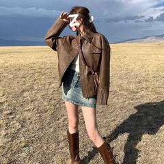 棕色皮衣外套女2025秋冬新款美拉德美式复古pu皮小个子机车服上衣