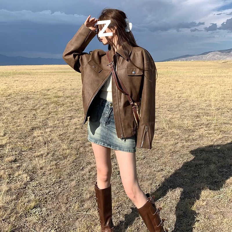 Brown Leather Jacket for Women 2026 Autumn and Winter New Style Maillard American Retro Pu Leather Petite Biker Jacket Top