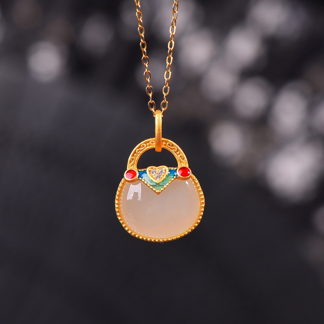 Ancient Set Nephrite  White jade Egg noodles Enamel Bag Pendant fashion temperament Female models Necklace