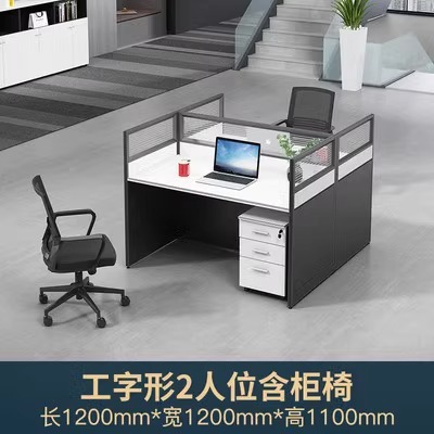 캐비닛과 의자가 있는 2인용 책상