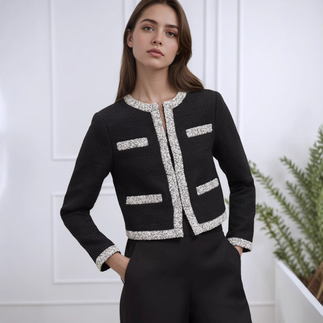 European and American French-Style Exquisite Round-Neck Color-Blocked Trim Design Chanel-Style Tweed Women's New Short Jacket with a High-End Feel