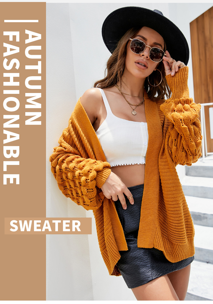 2021 Autumn and Winter New Solid Color Loose Knitted Cardigan  Lantern Sleeve Sweater Coat for Women in Cardigans