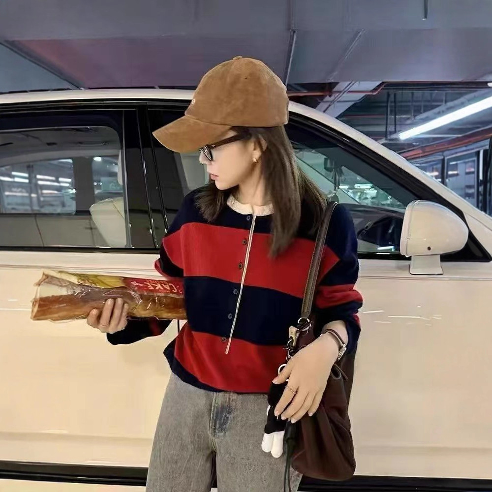 100%羊毛针织衫女时尚百搭圆领长袖半开扣秋季设计感条纹毛衣女潮