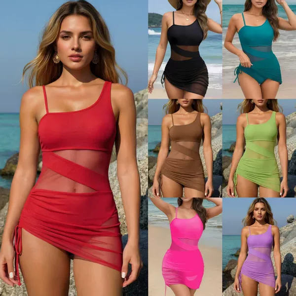 2025 New European and American Cross-Border Export Mesh Gauze Skirt One-Piece Splicing Bikini Swimsuit Female Sexy Beach Swimsuit