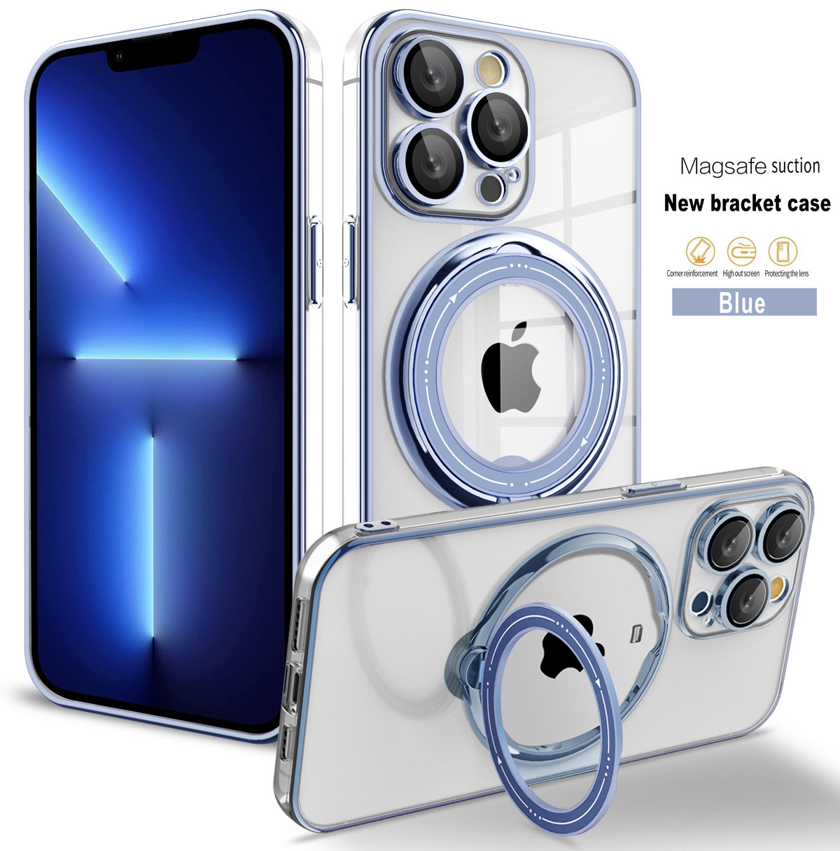 Funda Protectora para iPhone 16 con Soporte Giratorio, Funda Magnética Transparente Galvanizada para Apple 15 Pro, Protección de Lente 3 en 1 para iPhone 14