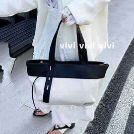 2025新款小众设计帆布拼皮大容量托特包慵懒风通勤单肩包腋下女包