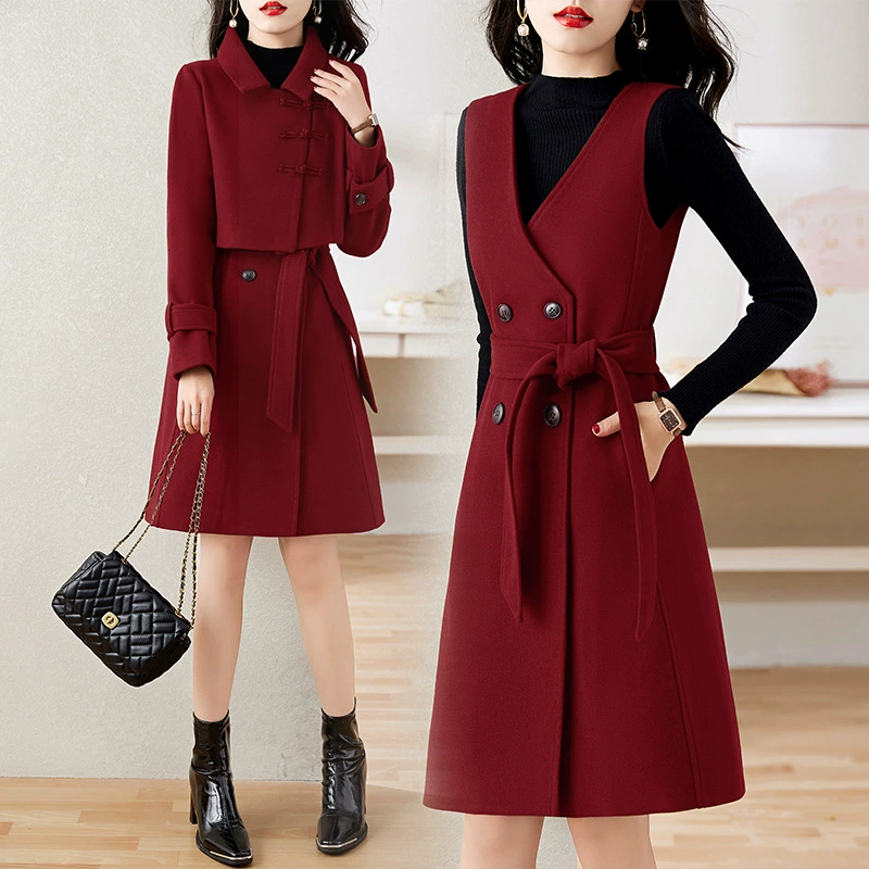 Красный шерстяной костюм женский 2024 осень и зима День Матери тонкий темперамент модное пальто платье два