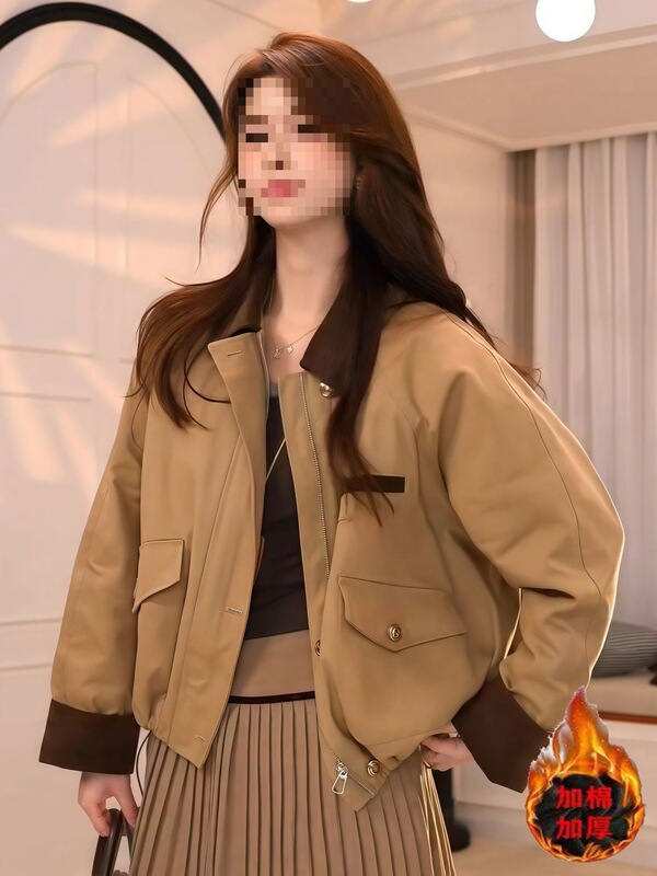 Khaki Short Quilted Thickeneded Cotton Outwear for Women Autumn and Winter New Korean Style Fashion Casual Jacket Cotton Outwear