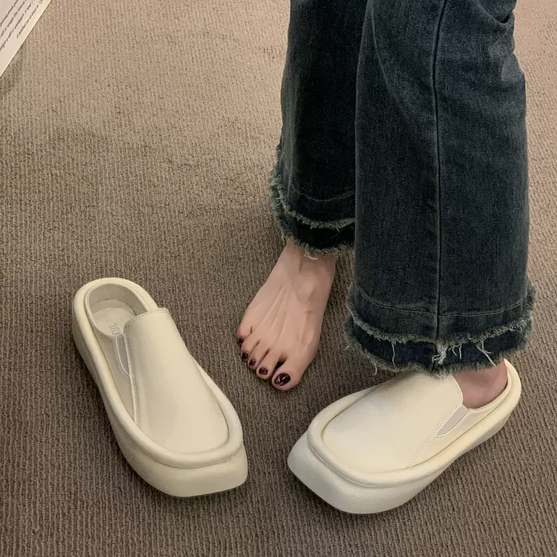 2023夏新款韩版松糕厚度包头纯色休闲半拖鞋女外穿面包懒人凉拖鞋