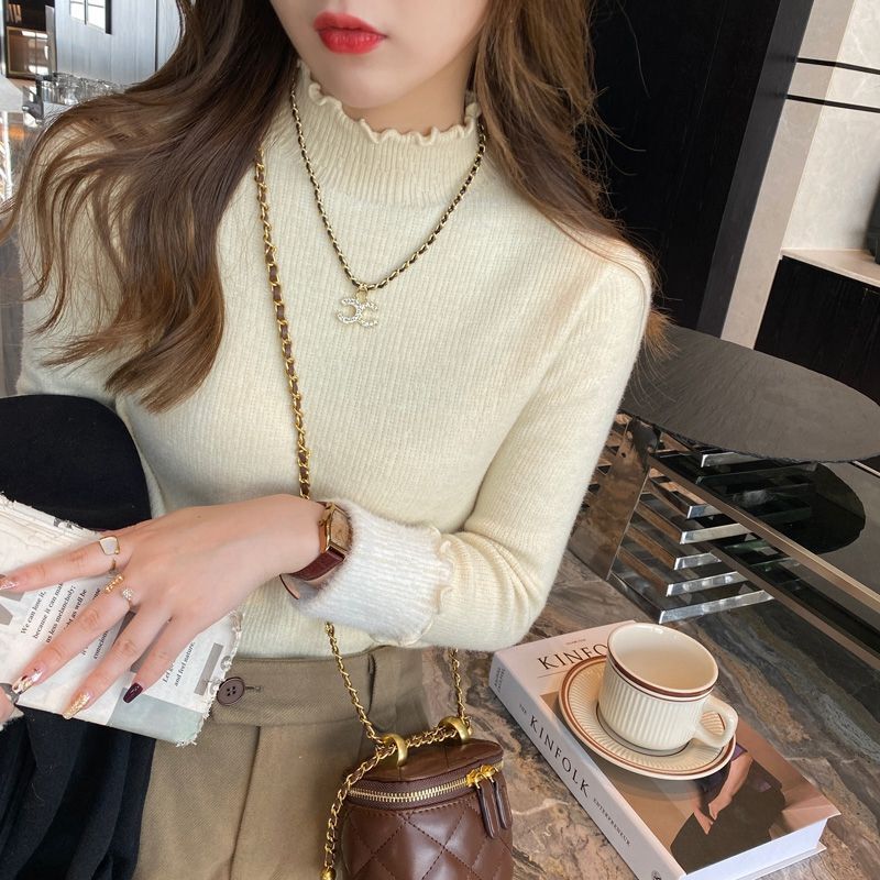 加绒加厚毛秋冬衣女半高领套头边洋气上衣针织保暖打底衫|undefined