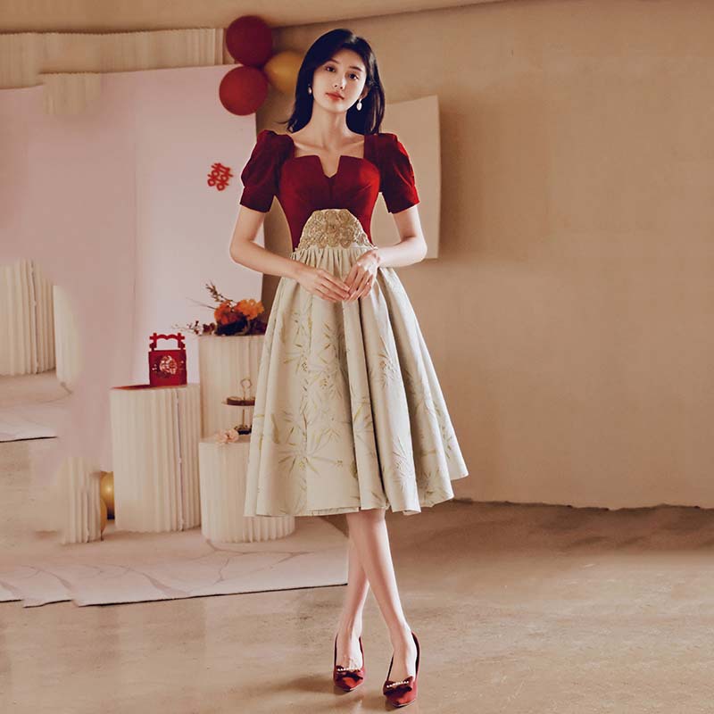Vestido rojo 2026, nuevo vestido de verano estilo francés para compromiso, elegante vestido midi para brindis nupcial.