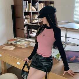 【黑标品质，抖音质量】正肩紧身拼色长袖新款修身内搭打底短款上