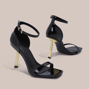 2025 Summer New Black Patent Leather High Heels with Square Toe Women's Stiletto Heel Sandals All-match Gold Heel Open Toe