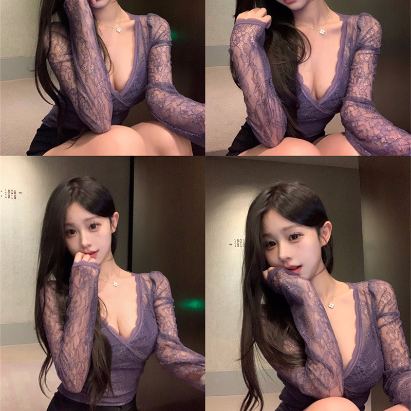 sexy lace purple autumn demi-season short base long-sleeve