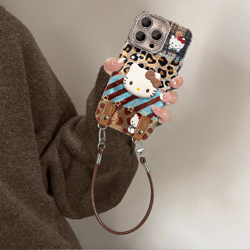 豹纹kt猫公仔适用苹果16promax手机壳iphone13冰川纹15带挂绳14女|undefined