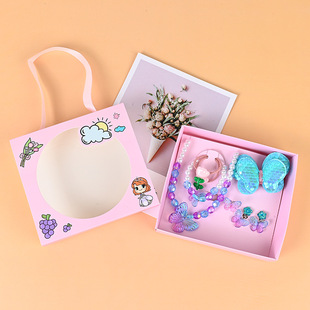 Children's Necklace Earrings Ring Cute Cartoon Butterfly Girls Princess Jewelry suit Necklace Chain Hair Accessories Gift Box