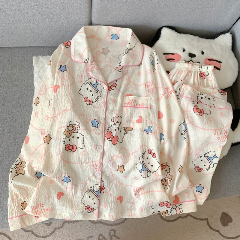 工厂直销云朵棉新款睡衣女长袖长裤开衫翻领卡通大码家居服套装|undefined