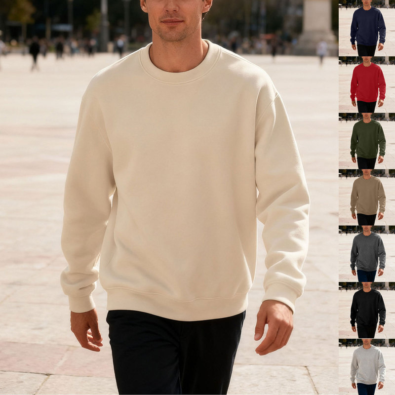 2025 New Cross-Border Heavyweight Velvet Sweatshirt for Men Spring & Fall Classic Round Neck Pure Color Loose Large Size Casual Top for Men
