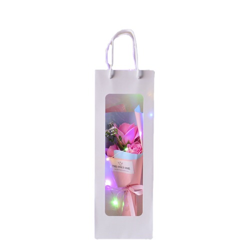 Matching soap flower rose bouquet with tote bag window visual gift box sales accessories