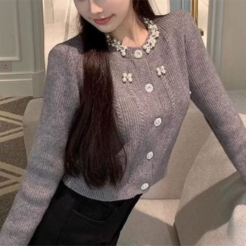 秋冬季小香风重工钉珠毛衣开衫针织外套女设计感小众修身短款上衣|undefined