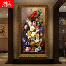 竖版美式客厅花开富贵欧式花卉玄关画油画手绘道壁画走廊牡丹过挂