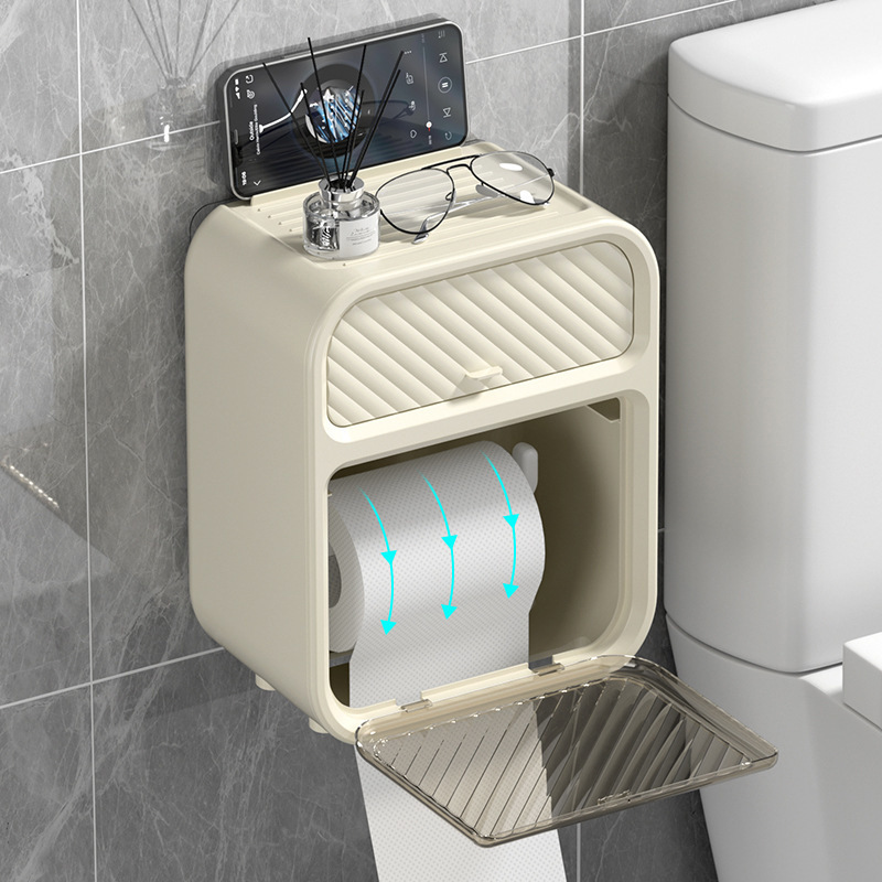 Baño de pared tipo toallas de papel estante de almacenamiento lujoso ligero baño sin perforación doble capa de papel de inodoro caja de extracción de papel