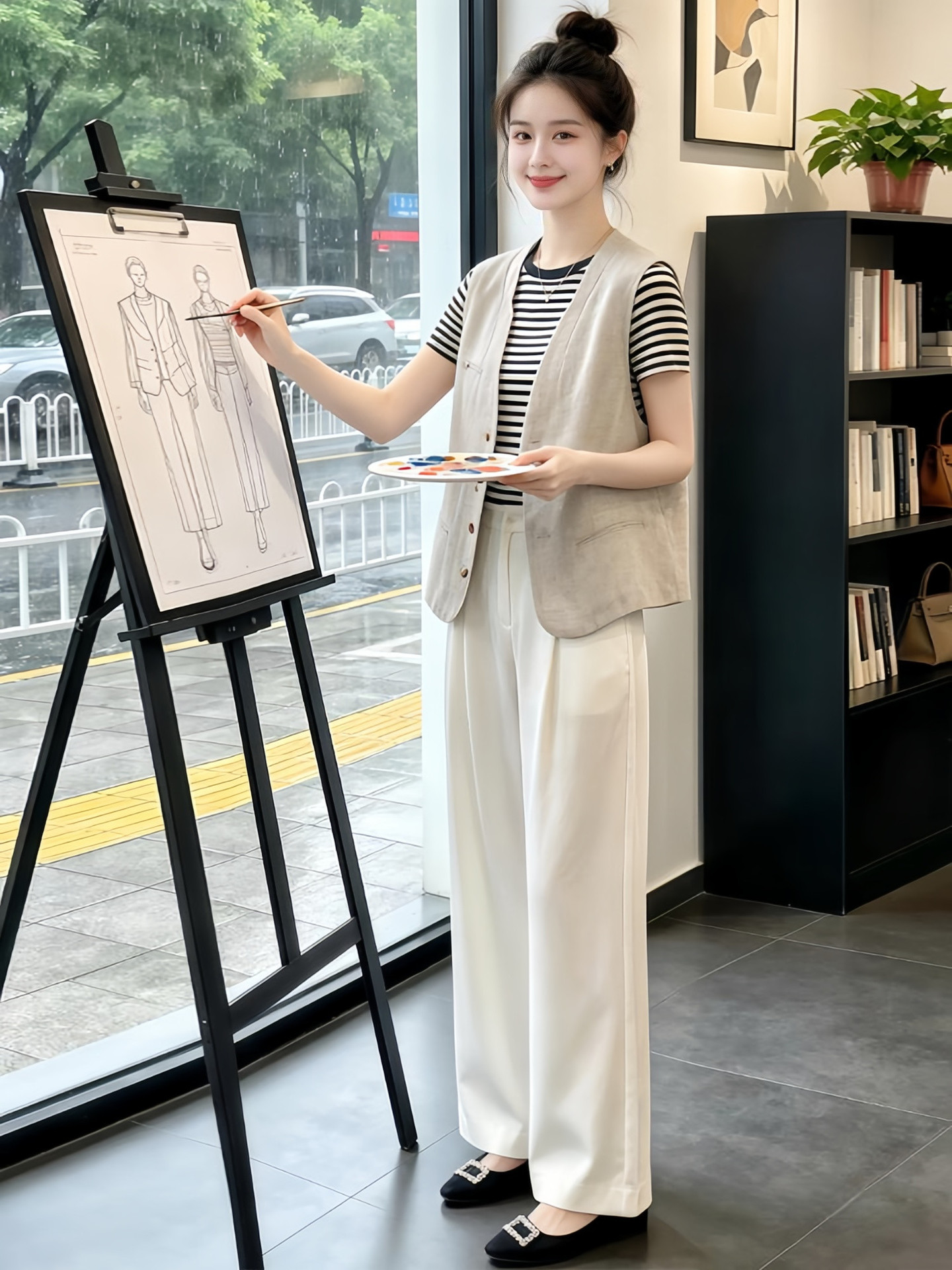 Áo khoác vest không tay cổ V nữ chất liệu linen phối nút đơn — màu be chi tiết 4