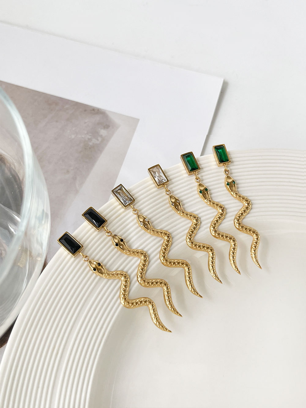 Fashion Snake Stainless Steel Plating Inlay Zircon Drop Earrings 1 Pair