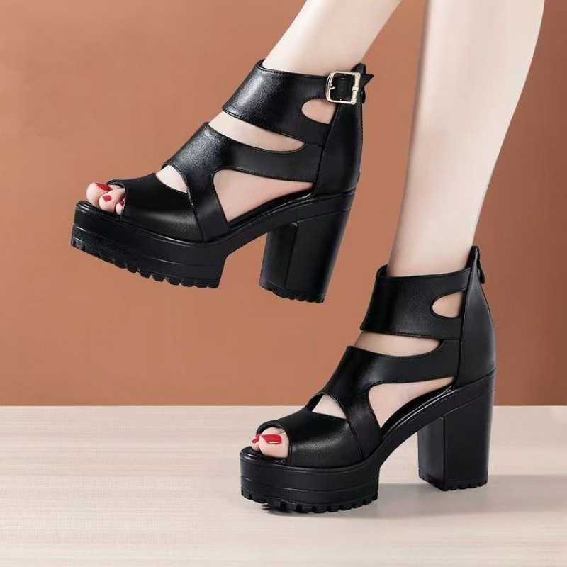 2025 Spring and Summer New Korean Style Fish Mouth Roman Sandals for Women Thick Heel Thick Sole Waterproof Platform Cut Out High Heels Trendy