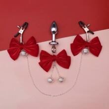 流光蝴蝶结乳夹肛塞带链条sm成人情趣调情用品阴夹惩罚肛塞咪咪夹