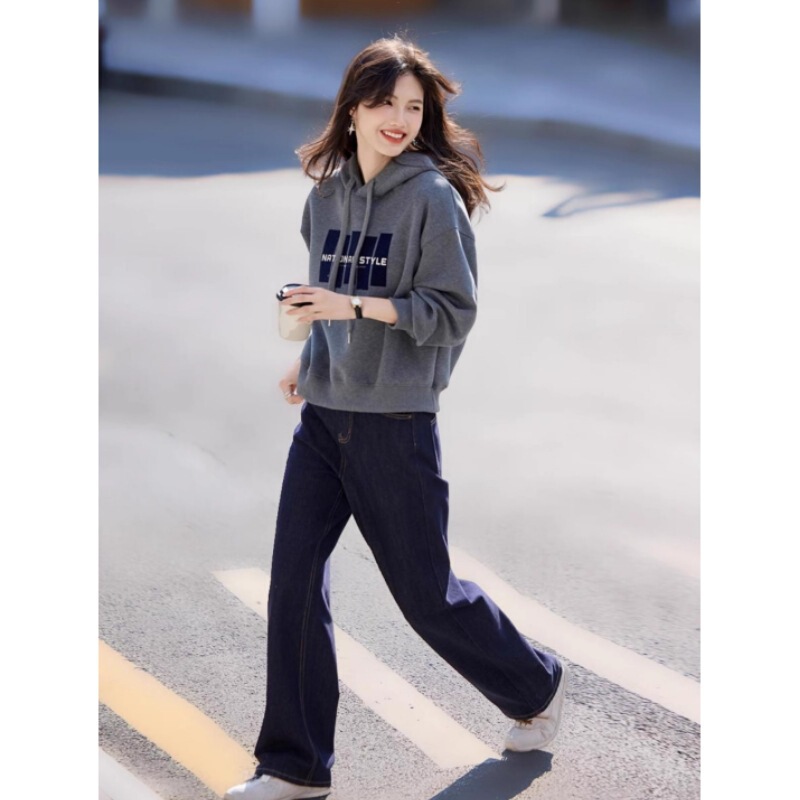 灰色抽绳印花连帽卫衣女春装2025新款宽松休闲帽衫小个子上衣|undefined