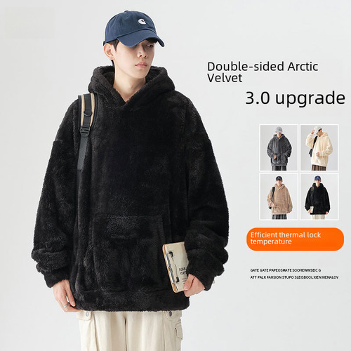 Cross-border exclusive solid Arctic wool hooded jacket for men, winter retro lazy loose couple style casual sweatshirt