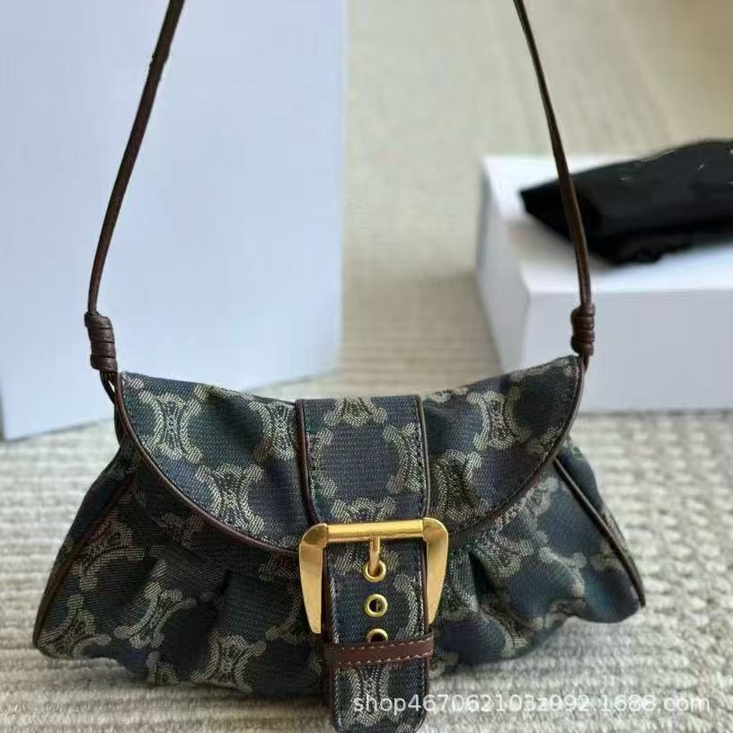 中古老花丹宁vintage手提饭盒女包腋下月牙女包外单版本礼盒包装
