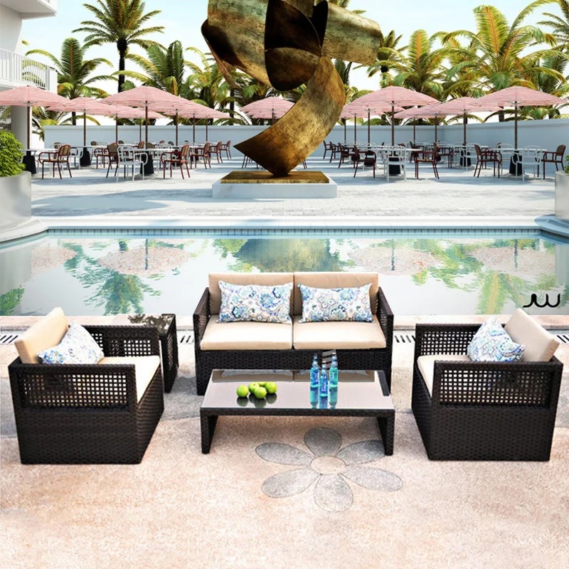 Al aire libre de ocio sofá de ratán combinación al aire libre patio sofá de ratán sala de sol silla de ratán individual doble terraza muebles
