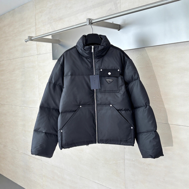 In-Stock Original Label P Brand Recycled Nylon Spliced Twill Woven Surface 90% White Duck down Jacket Coat