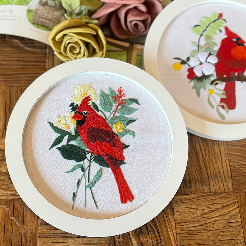 Lu bordado cardenales cuadros colgantes paquete de material de bricolaje bordado a mano flores tridimensionales pájaro animal tela tela punto de cruz pintura pequeña
