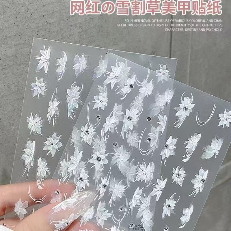 Trendy Snow-Cut Crystal Diamond Nail Stickers 3D Relief White Semi-Transparent Floral with Rhinestone Flower Thin Flexible Nail Decals