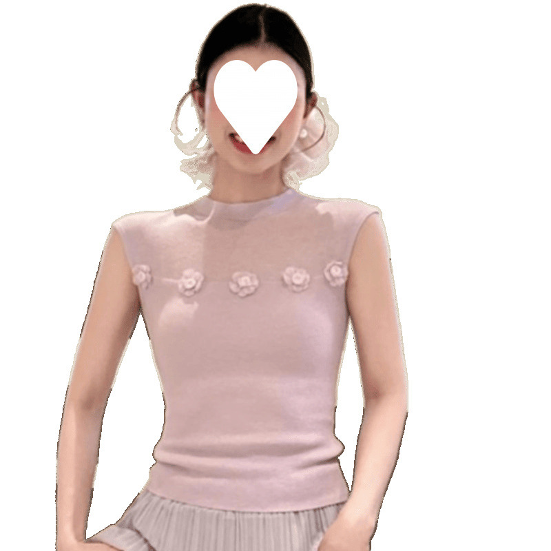 Francés tridimensional flor malla empalme chaleco de punto de seda de hielo amarillo para mujeres de verano vestida en el cuerpo delgado...