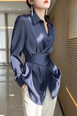 法式气质冷淡系别致小上衣蓝色缎面收腰衬衫女装早秋时尚2025新款