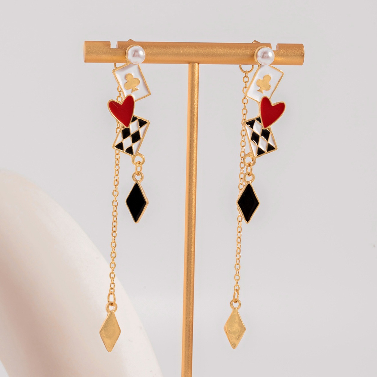 Vintage Alice Playing Card Oil Drop Earrings with Pearl Heart and Diamond Chain Tassels, Unique for Niche Parties