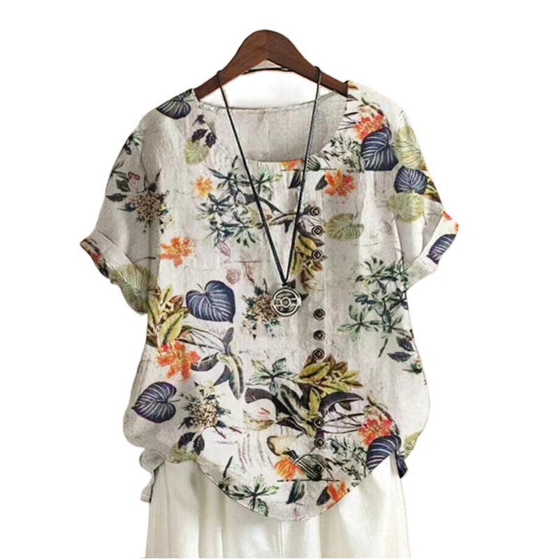 大きいサイズの婦人服の国風の復古のゆったりしているプリントの綿麻の半袖のtシャツの女性の2024夏の新型の亜麻の上着|undefined