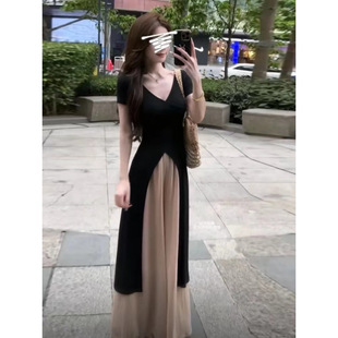 Plus Size Fat mm Belly-Covering Suit Women's Summer Black Top Slit Hepburn Style Casual Pants and Skirt Two-Piece Set