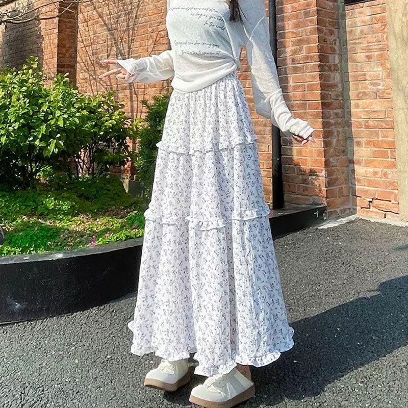 藏蓝色复古碎花半身裙女秋季2025新款高腰显瘦a字长款蛋糕蓬蓬裙|undefined