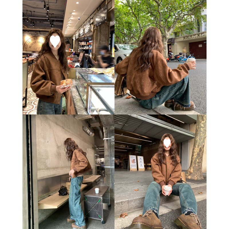 高级感美式禅意风其它绒棒球领服外套女春秋新款小个子短款机车服|undefined