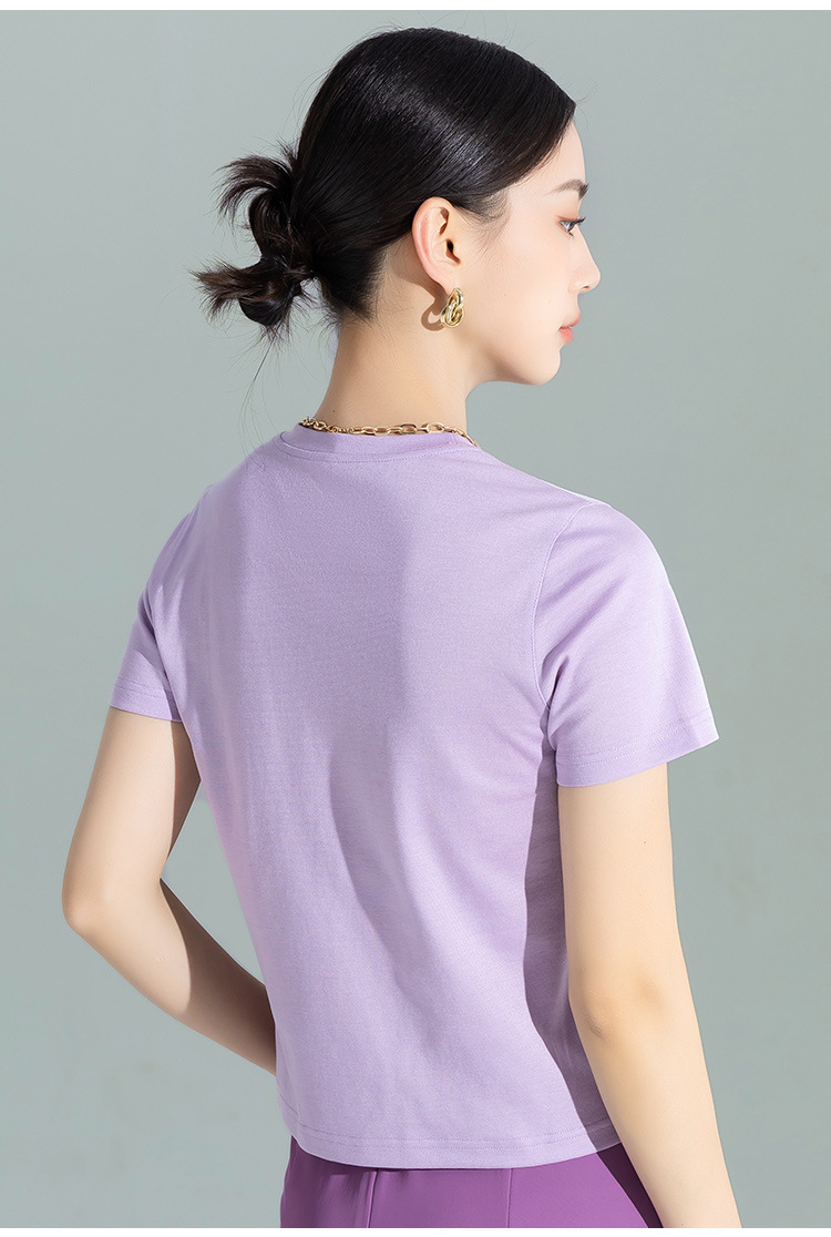 Áo thun nữ tay ngắn thiết kế khoét vai, chất liệu dệt kim acetate Tencel ôm dáng — Màu tím chi tiết 6