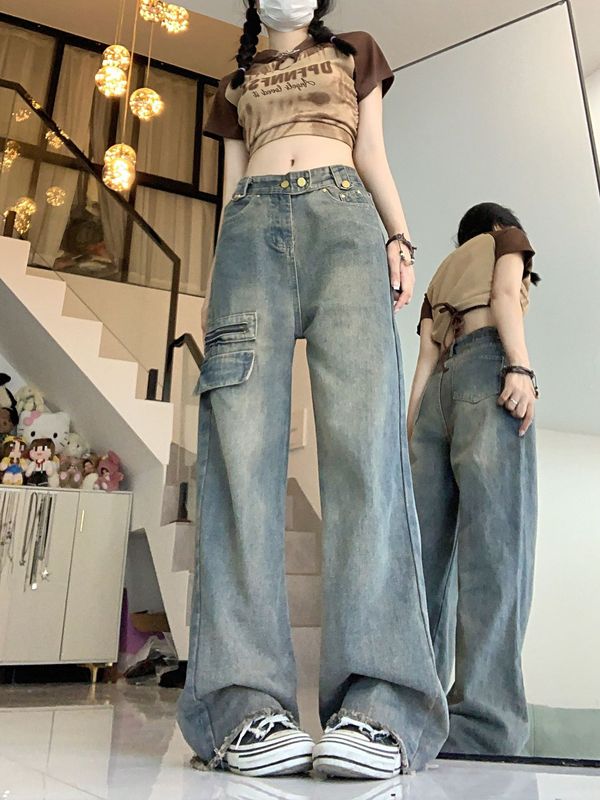 港风做旧毛边牛仔裤女夏季宽松直筒阔腿长裤小众水洗潮牌拖地裤子|undefined