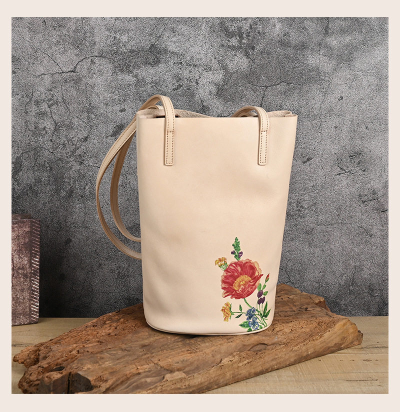 Túi bucket da bò vẽ tay phong cách cổ điển, quai đeo vai — Vàng cổ điển, Nâu cổ điển, Xám cổ điển, Màu trắng be chi tiết 19