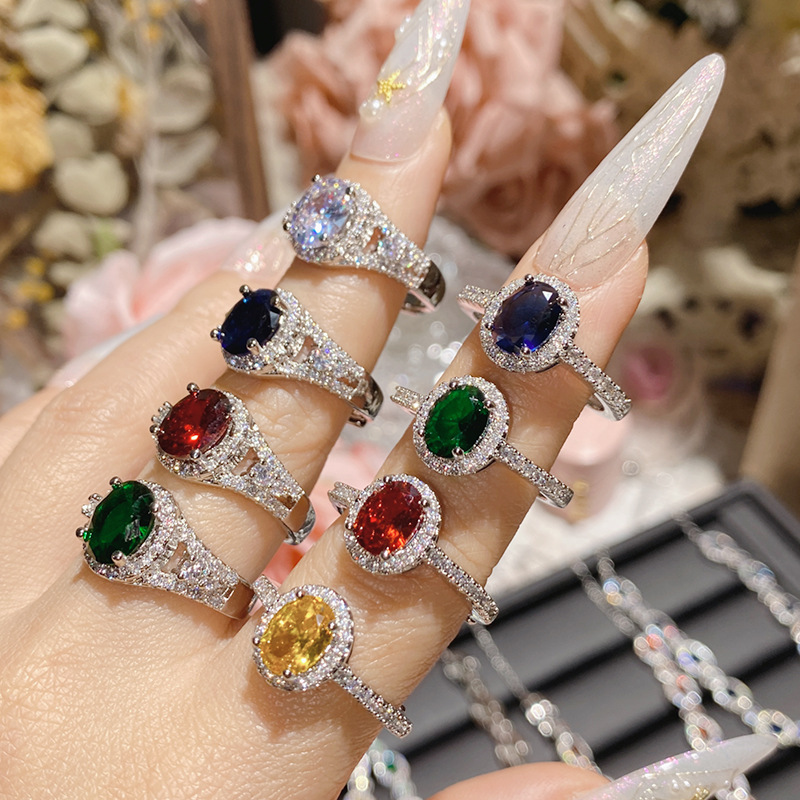 Camellia medieval retro bright exquisite colorful treasure ring female plated 18k luxury temperament imitation tourmaline open ring