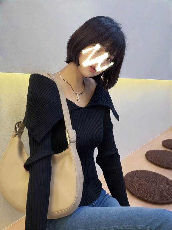 甜美娃娃领长袖针织衫女2025新款修身减龄翻领坑条打底毛衣短上衣|undefined